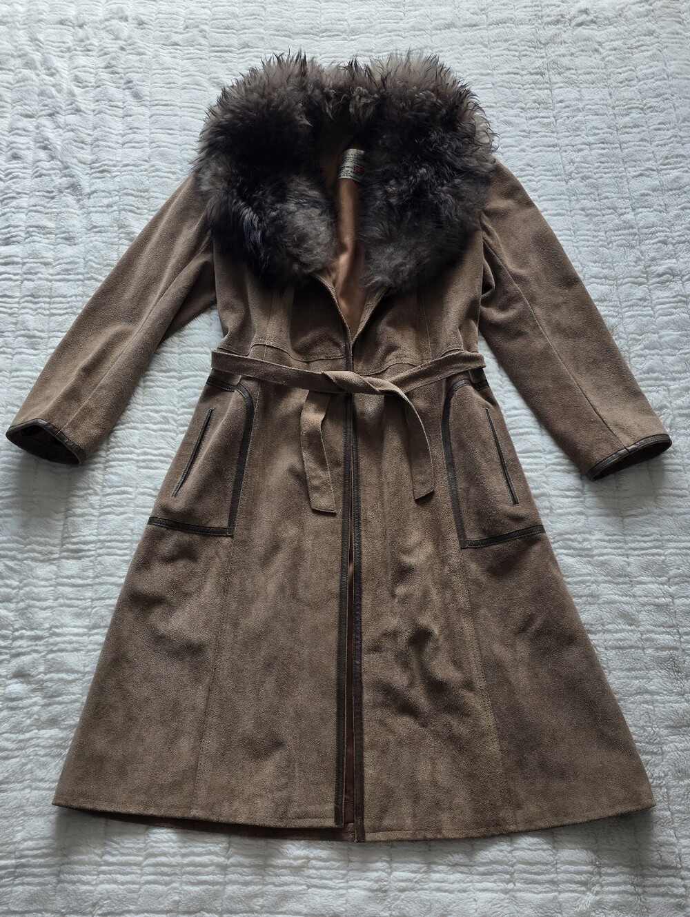 Brown Leather/Suede Fur Collar Long Belted Coat